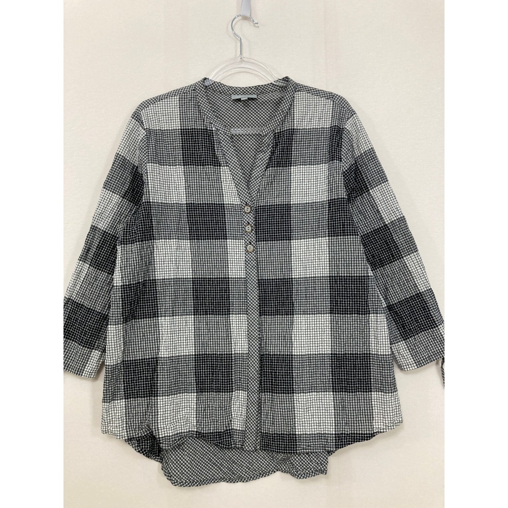 Habitat Top Button Front Large Black Gray Plaid Tie Sleeve Contemporary